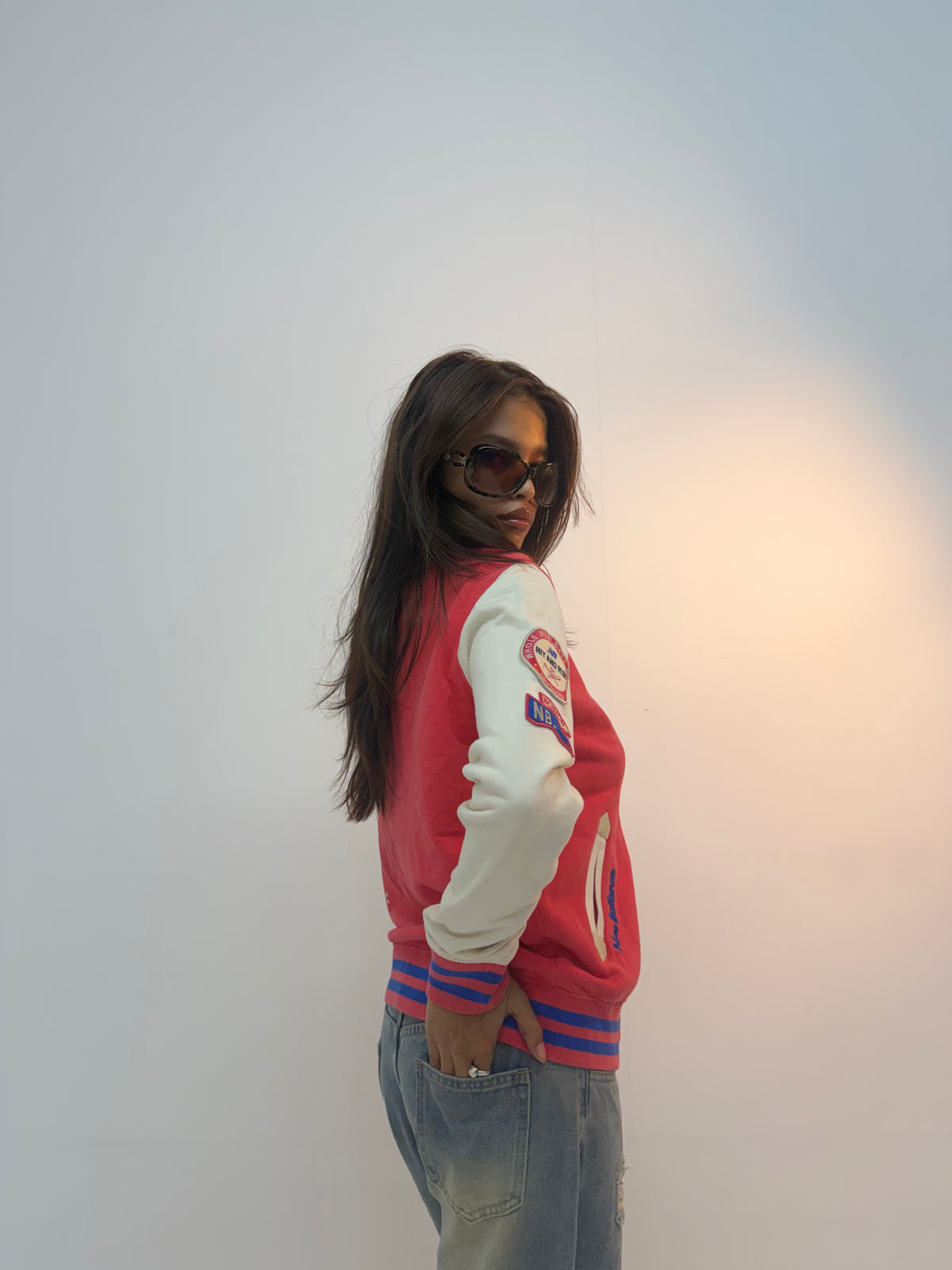 Vintage Red & White Varsity Letterman Unisex Bomber Jacket