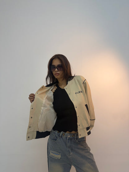 Vintage Ivory Piped Varsity Streetwear Unisex Bomber Jacket