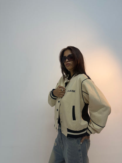 Vintage Ivory Piped Varsity Streetwear Unisex Bomber Jacket