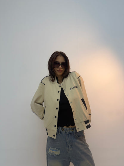 Vintage Ivory Piped Varsity Streetwear Unisex Bomber Jacket