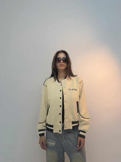 Vintage Ivory Piped Varsity Streetwear Unisex Bomber Jacket