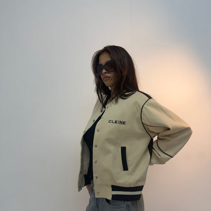 Vintage Ivory Piped Varsity Streetwear Unisex Bomber Jacket