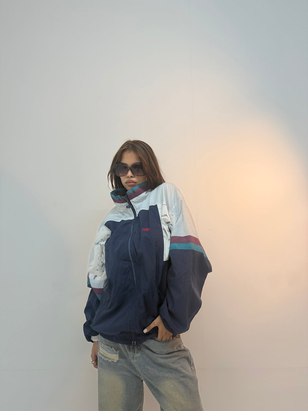 Vintage Navy & Teal Racing Stripe Unisex Windbreaker Bomber Jacket