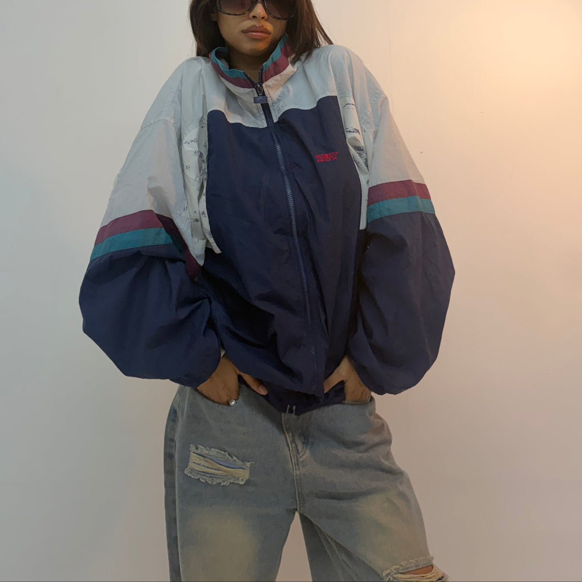 Vintage Navy & Teal Racing Stripe Unisex Windbreaker Bomber Jacket