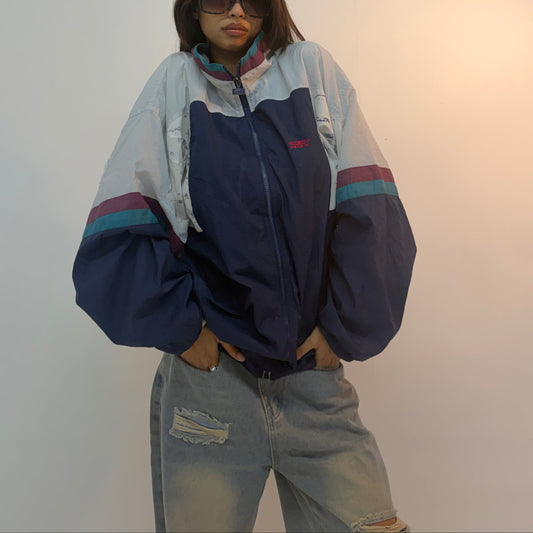 Vintage Navy & Teal Racing Stripe Unisex Windbreaker Bomber Jacket