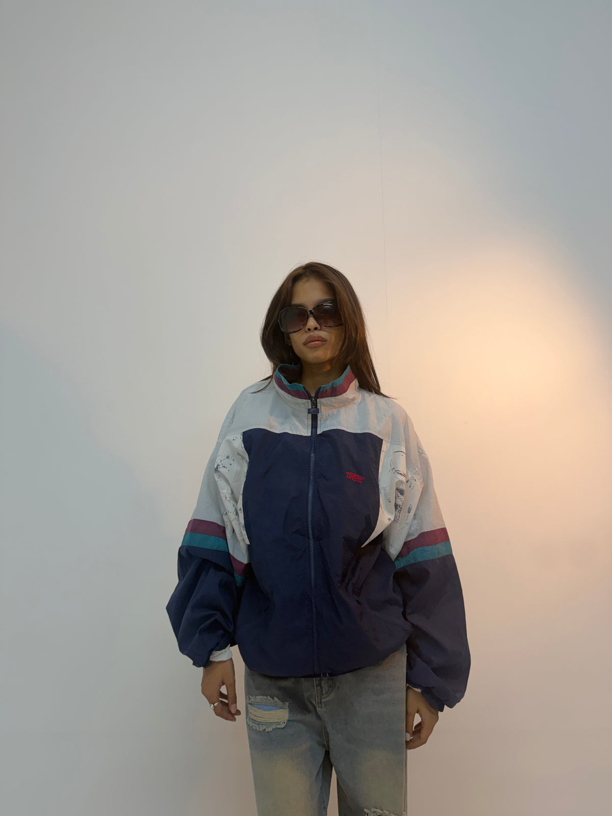 Vintage Navy & Teal Racing Stripe Unisex Windbreaker Bomber Jacket