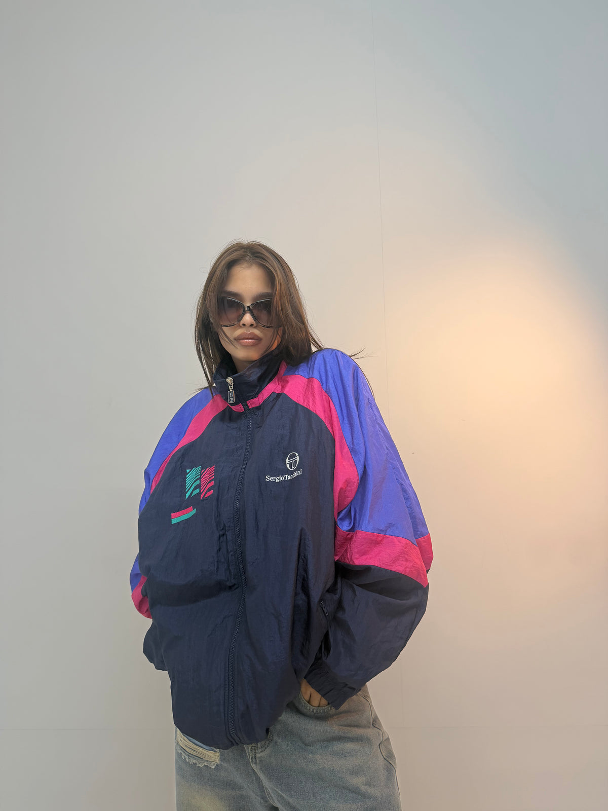 Vintage Navy Blue & Pink Retro Track Unisex Windbreaker Bomber Jacket
