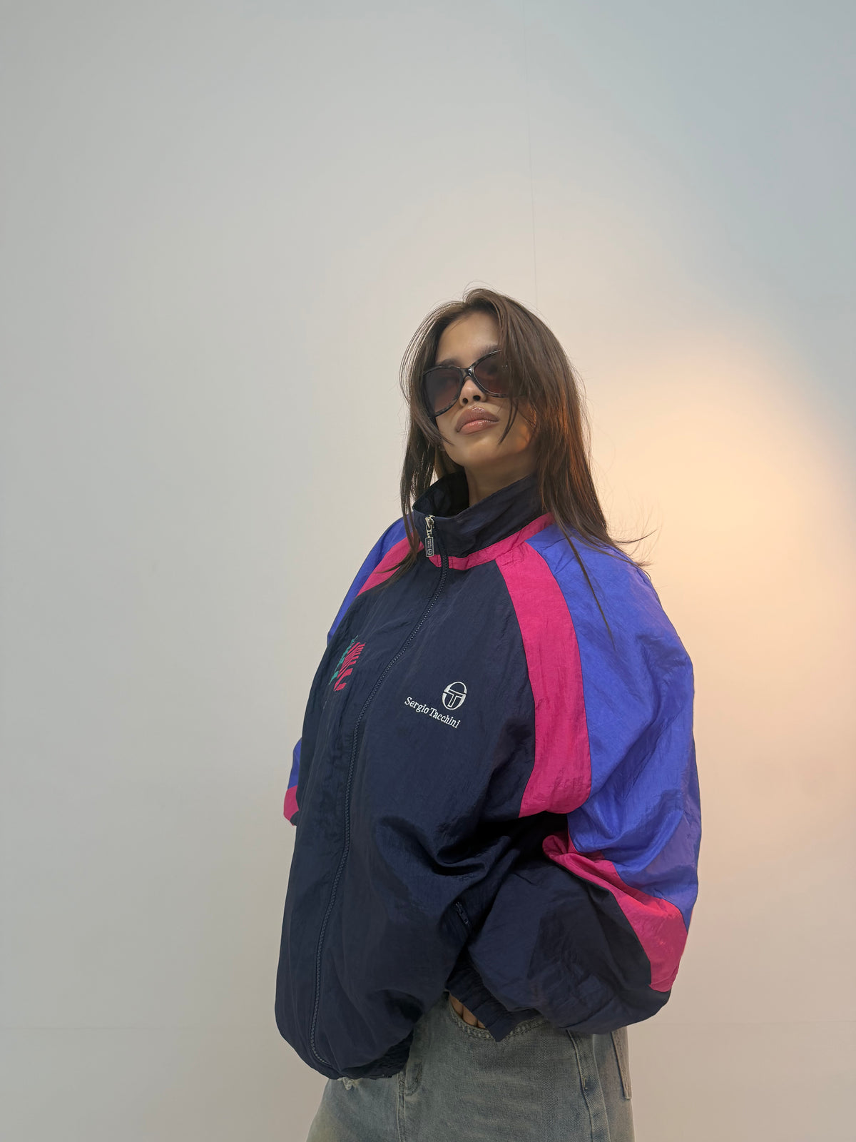 Vintage Navy Blue & Pink Retro Track Unisex Windbreaker Bomber Jacket