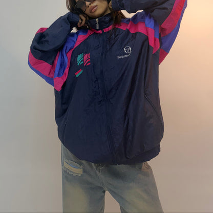 Vintage Navy Blue & Pink Retro Track Unisex Windbreaker Bomber Jacket