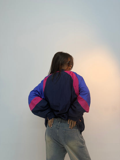 Vintage Navy Blue & Pink Retro Track Unisex Windbreaker Bomber Jacket