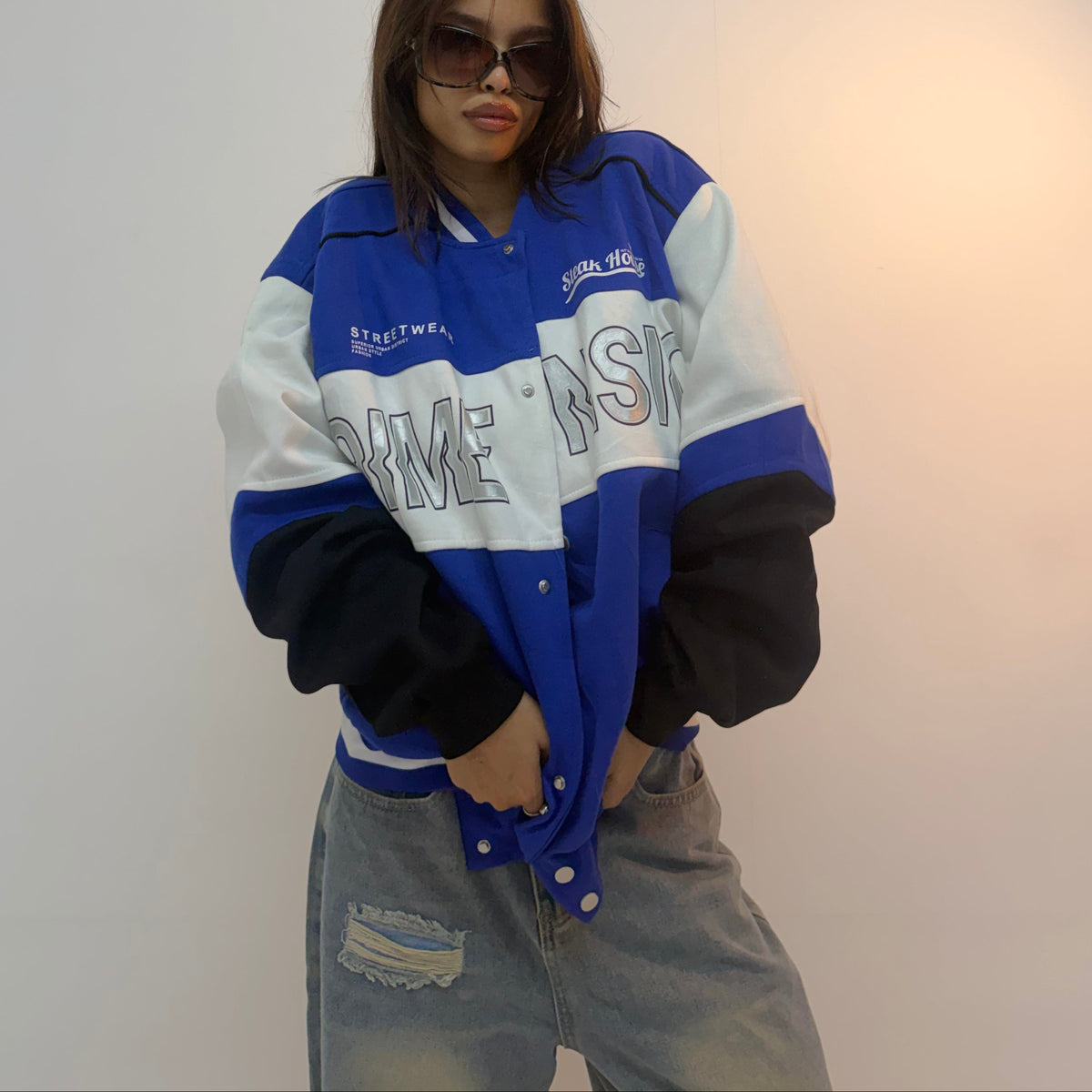 Vintage Blue & White Varsity Racing Unisex Bomber Jacket