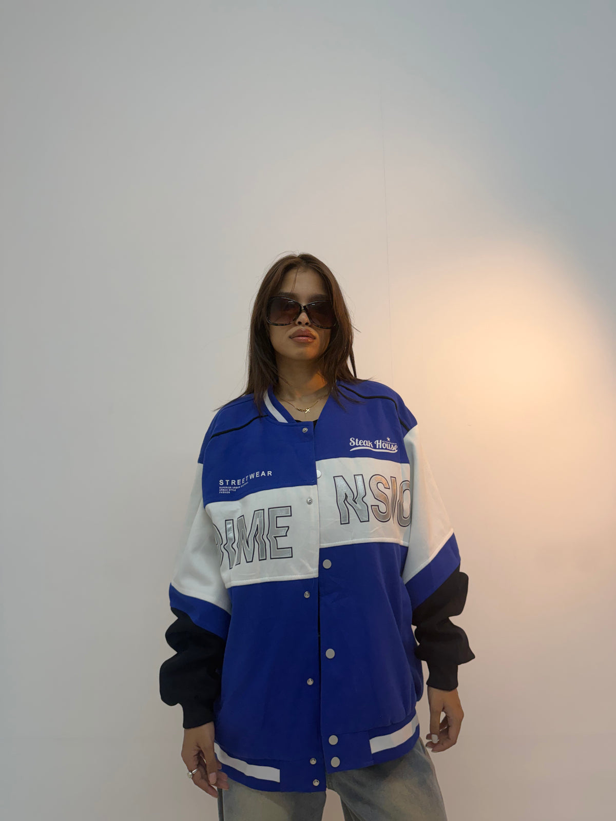 Vintage Blue & White Varsity Racing Unisex Bomber Jacket