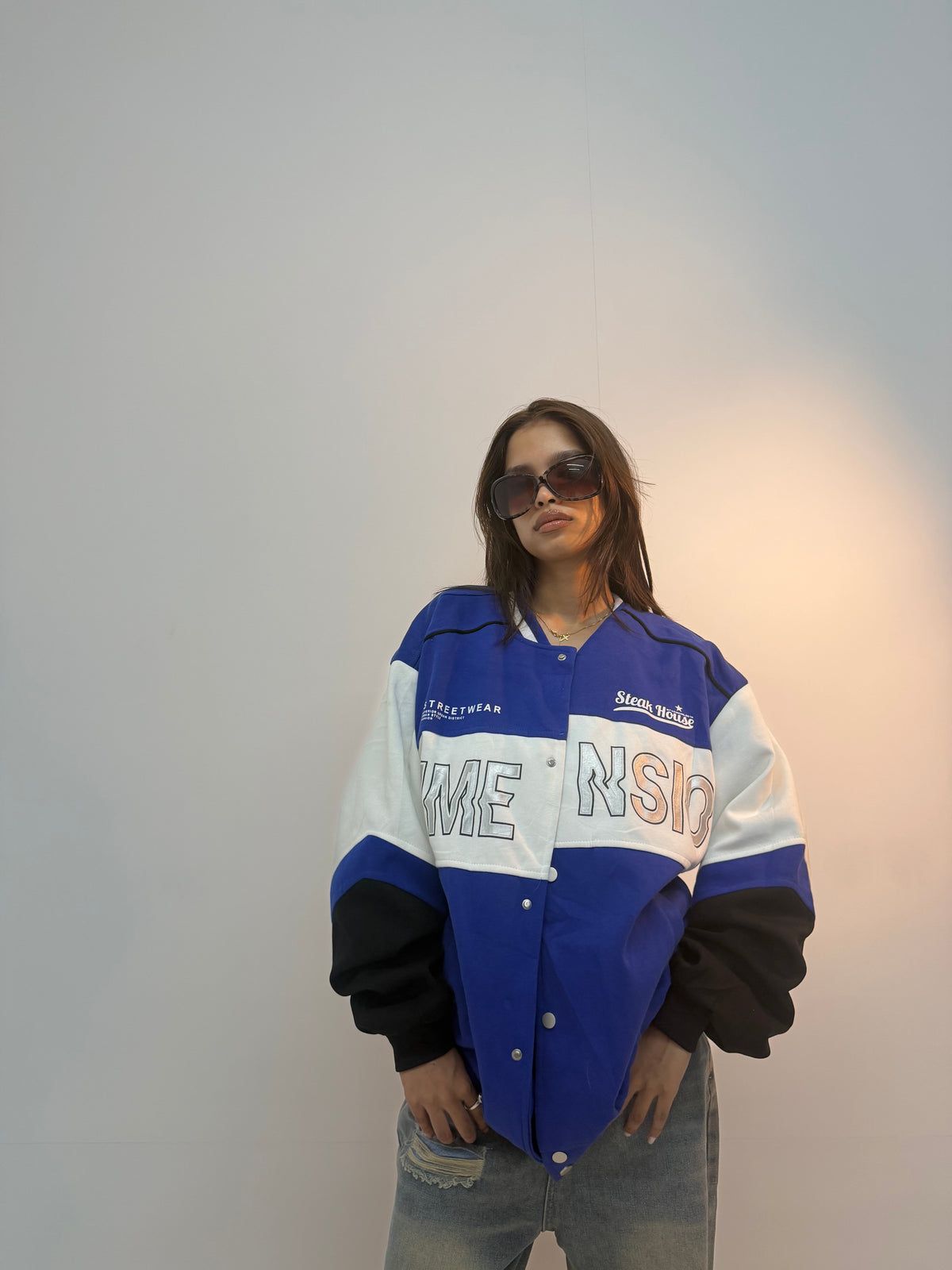 Vintage Blue & White Varsity Racing Unisex Bomber Jacket