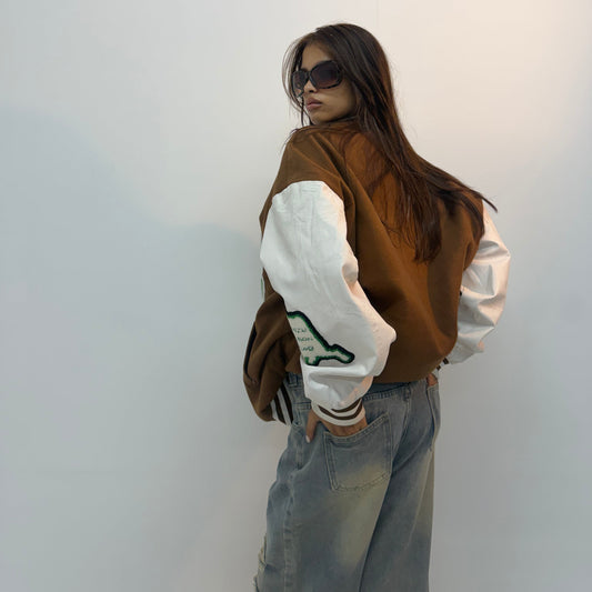 Vintage Brown Contrast Sleeve Unisex Varsity Bomber Jacket