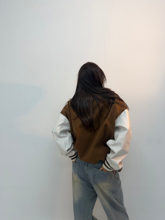 Vintage Brown Contrast Sleeve Unisex Varsity Bomber Jacket