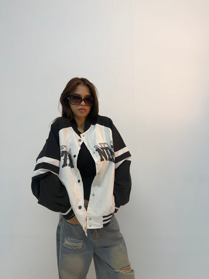 Vintage Black & White Racing Stripe Unisex Bomber Jacket