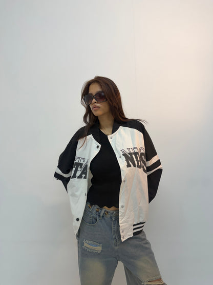 Vintage Black & White Racing Stripe Unisex Bomber Jacket