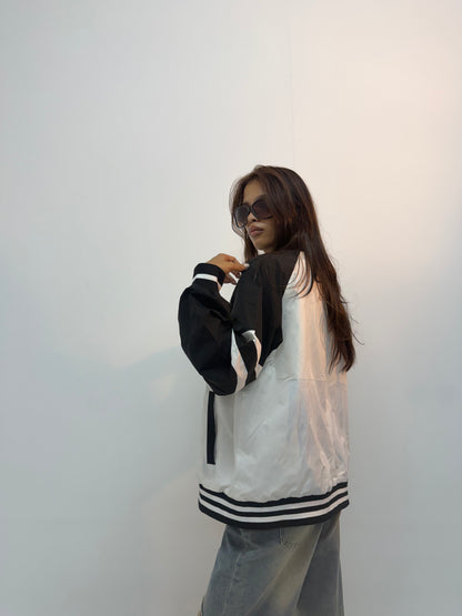 Vintage Black & White Racing Stripe Unisex Bomber Jacket