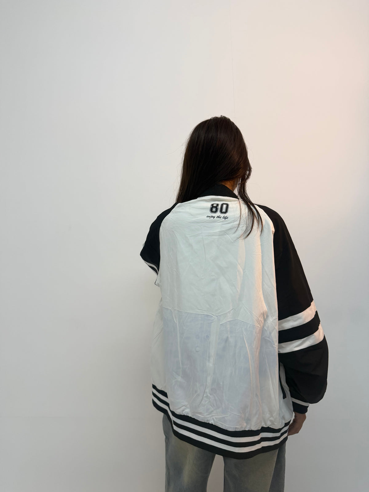 Vintage Black & White Racing Stripe Unisex Bomber Jacket