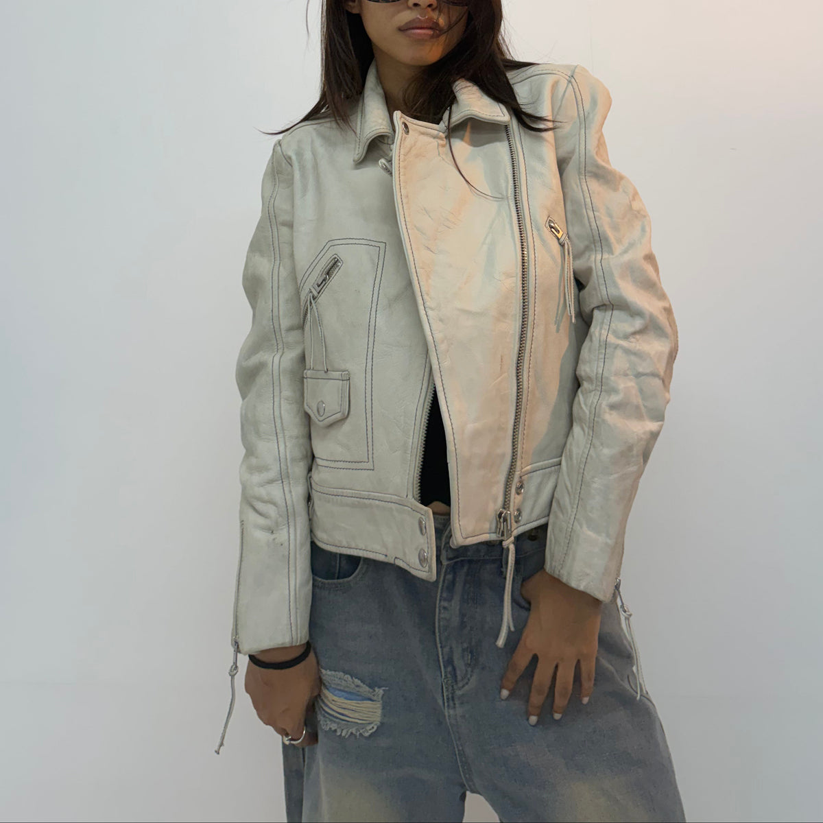 Vintage Cream Asymmetrical Zip Unisex Leather Jacket