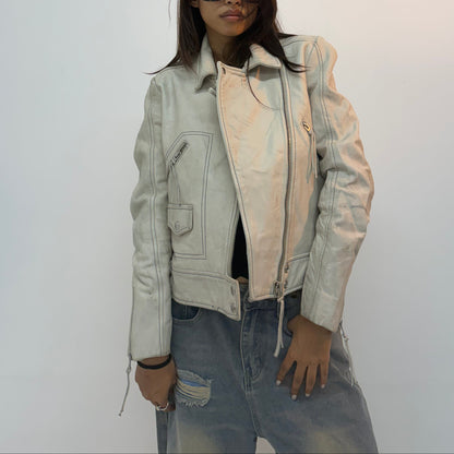 Vintage Cream Asymmetrical Zip Unisex Leather Jacket