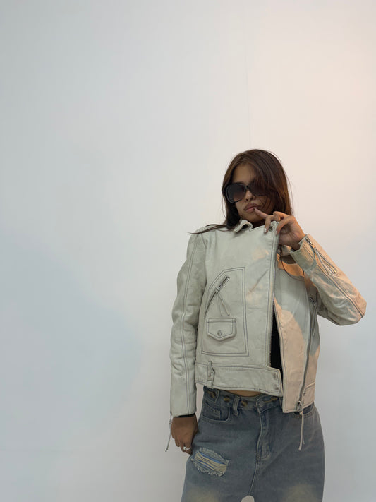 Vintage Cream Asymmetrical Zip Unisex Leather Jacket