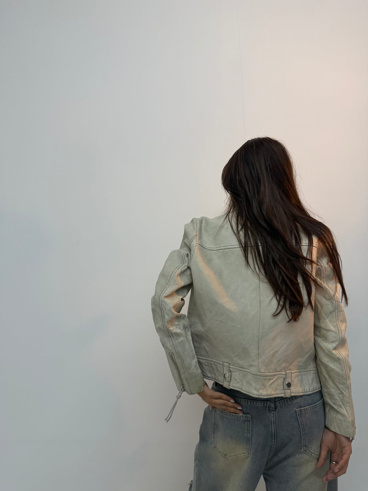 Vintage Cream Asymmetrical Zip Unisex Leather Jacket