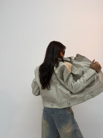 Vintage Cream Asymmetrical Zip Unisex Leather Jacket