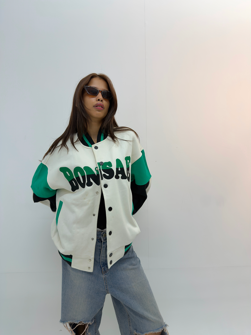 Vintage Green & White Oversized Varsity Jacket