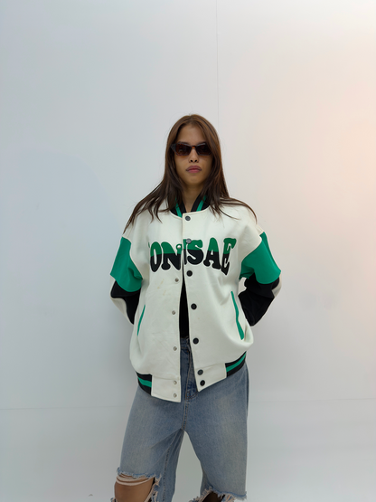 Vintage Green & White Oversized Varsity Jacket