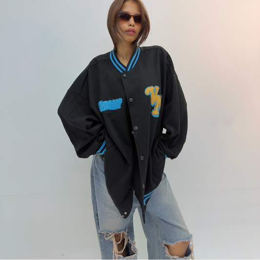 Vintage Black & Blue Oversized Varsity Jacket