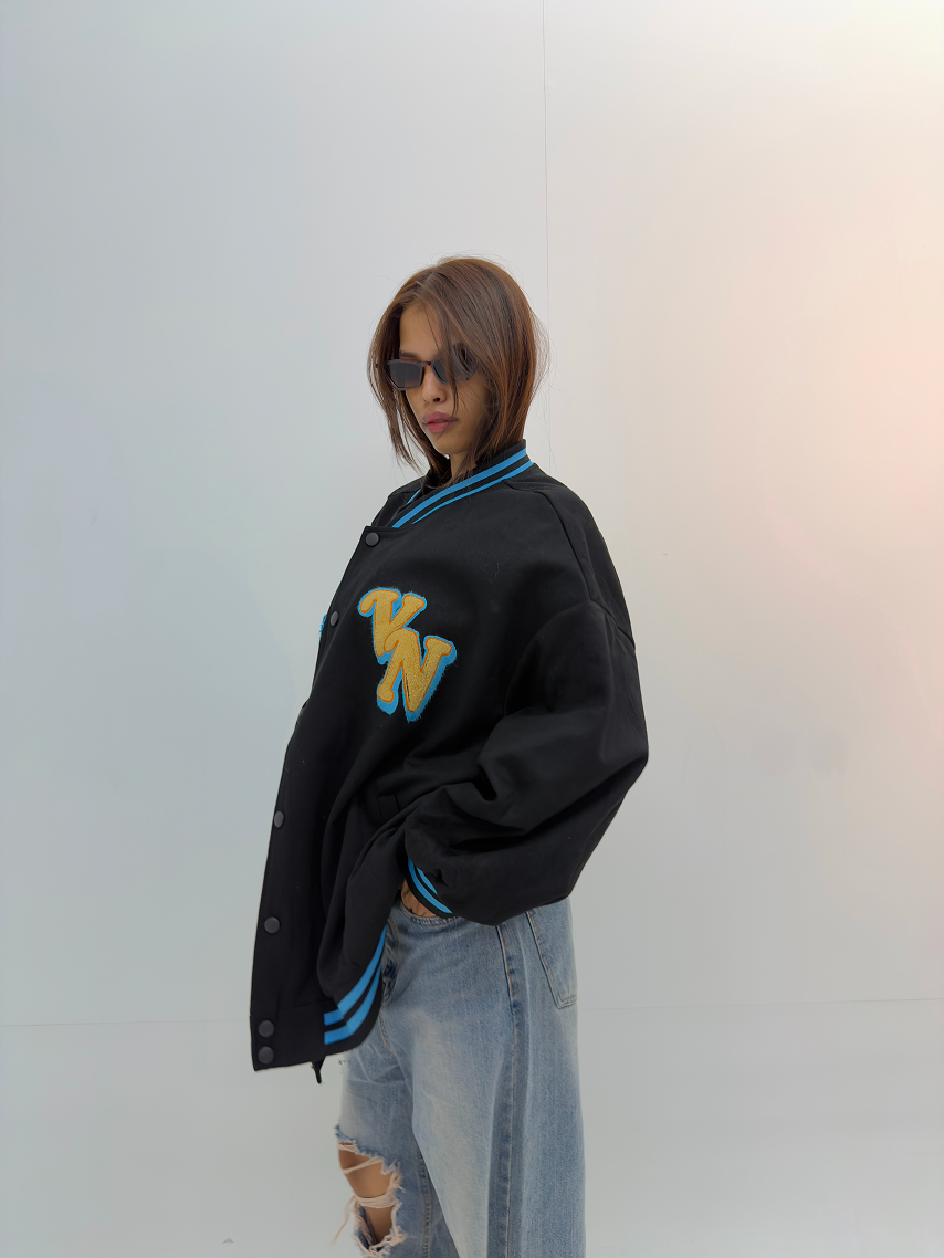 Vintage Black & Blue Oversized Varsity Jacket