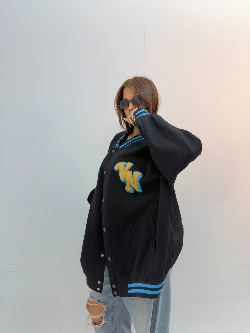 Vintage Black & Blue Oversized Varsity Jacket