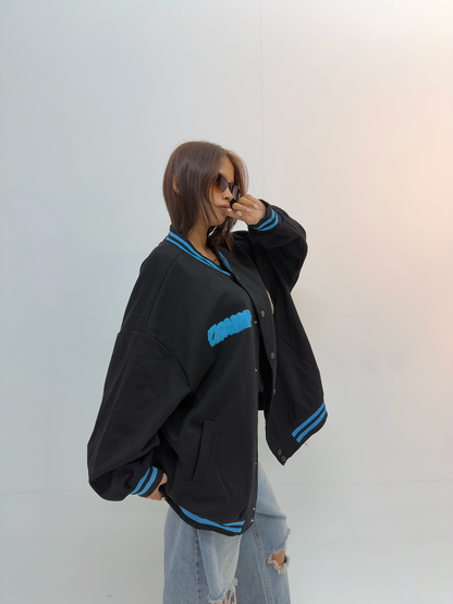 Vintage Black & Blue Oversized Varsity Jacket