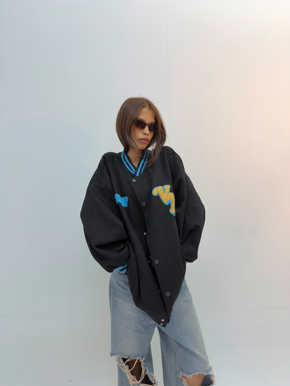 Vintage Black & Blue Oversized Varsity Jacket