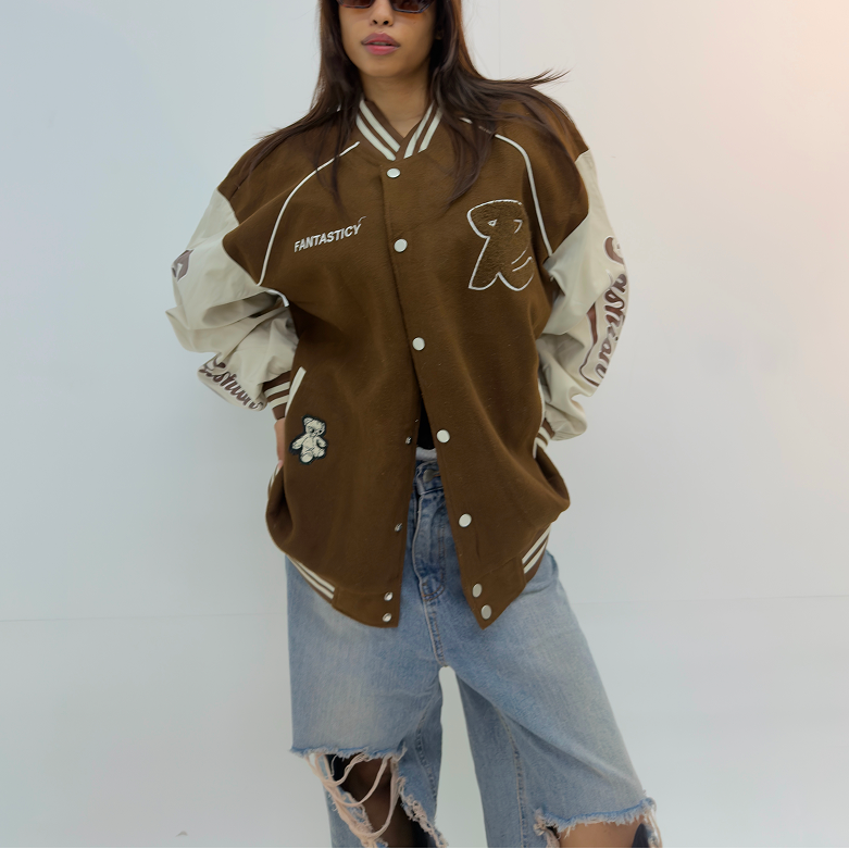 Vintage Brown & Cream Oversized Unisex Varsity Jacket