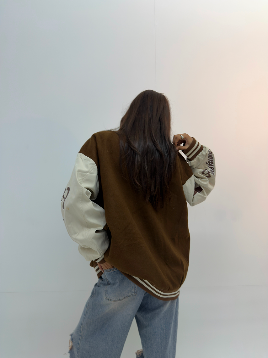 Vintage Brown & Cream Oversized Unisex Varsity Jacket