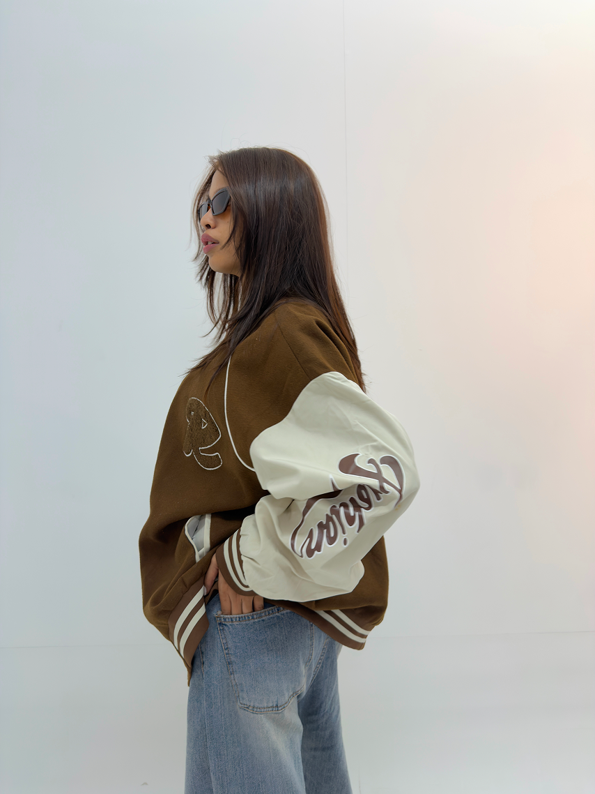 Vintage Brown & Cream Oversized Unisex Varsity Jacket