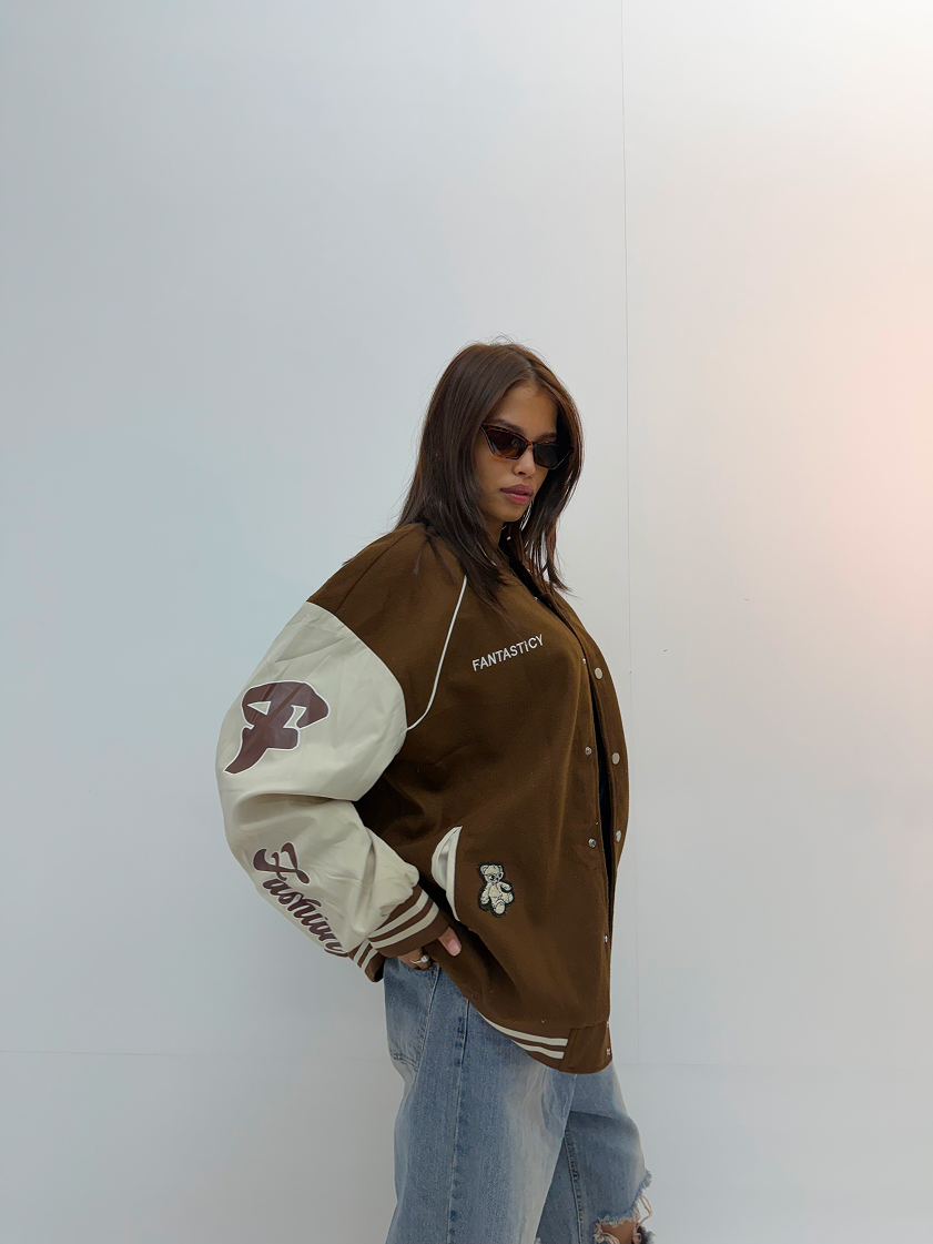 Vintage Brown & Cream Oversized Unisex Varsity Jacket