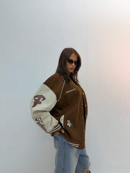 Vintage Brown & Cream Oversized Unisex Varsity Jacket