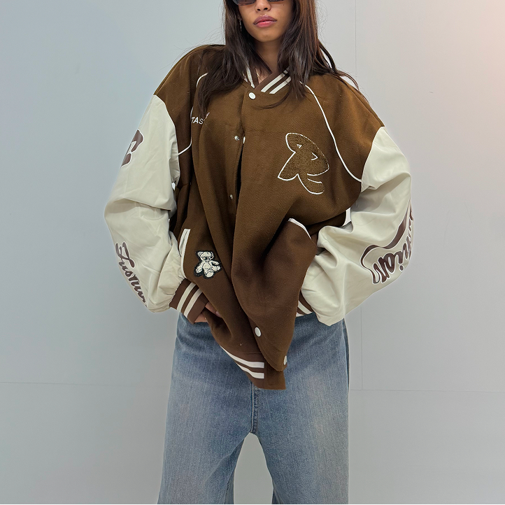 Vintage Brown & Cream Oversized Unisex Varsity Jacket