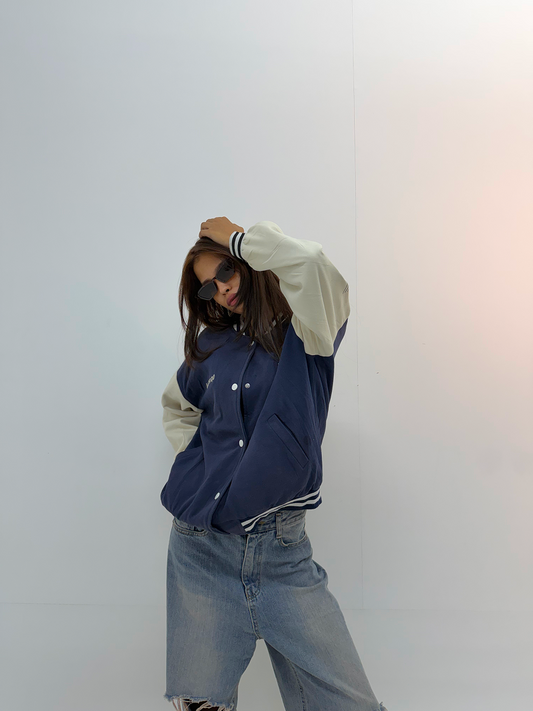 Vintage Navy Blue & Cream Varsity Jacket
