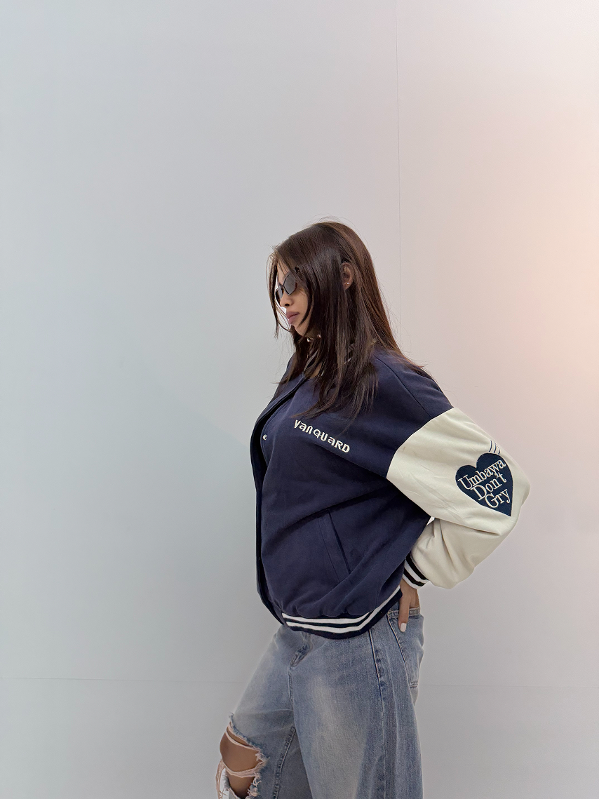 Vintage Navy Blue & Cream Varsity Jacket