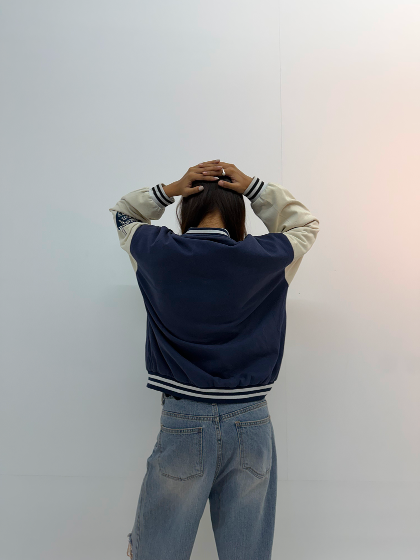 Vintage Navy Blue & Cream Varsity Jacket