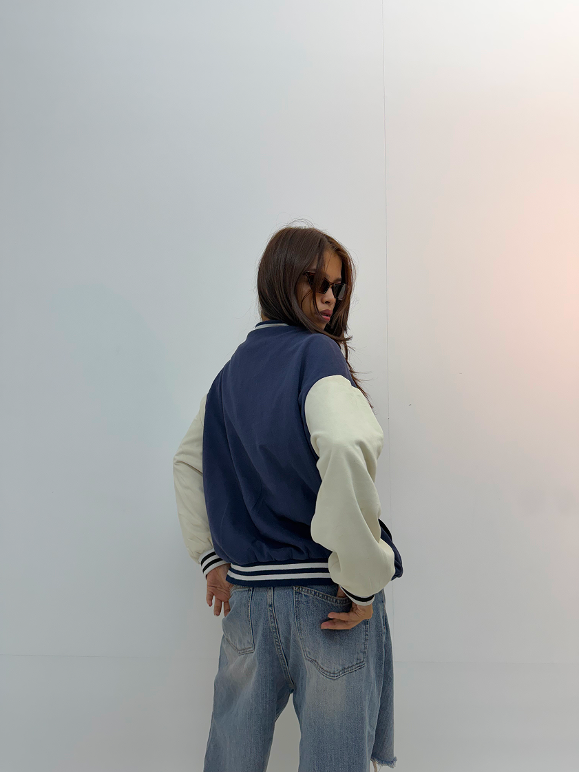 Vintage Navy Blue & Cream Varsity Jacket
