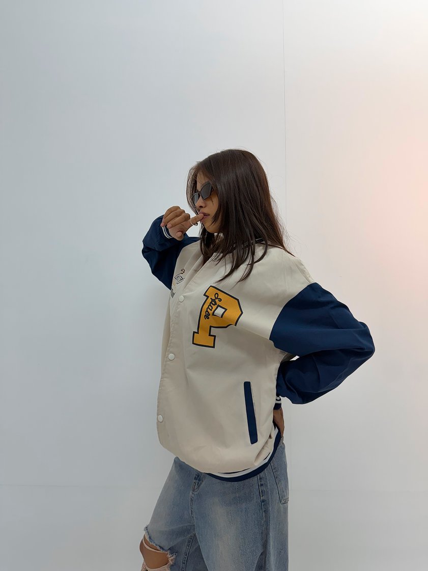 Vintage Cream & Navy Unisex Varsity Jacket