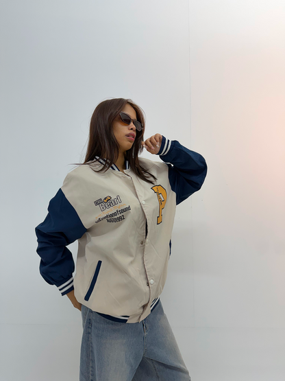 Vintage Cream & Navy Unisex Varsity Jacket