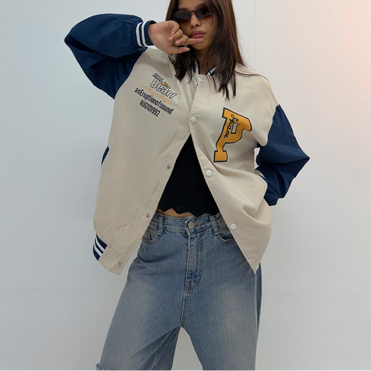Vintage Cream & Navy Unisex Varsity Jacket