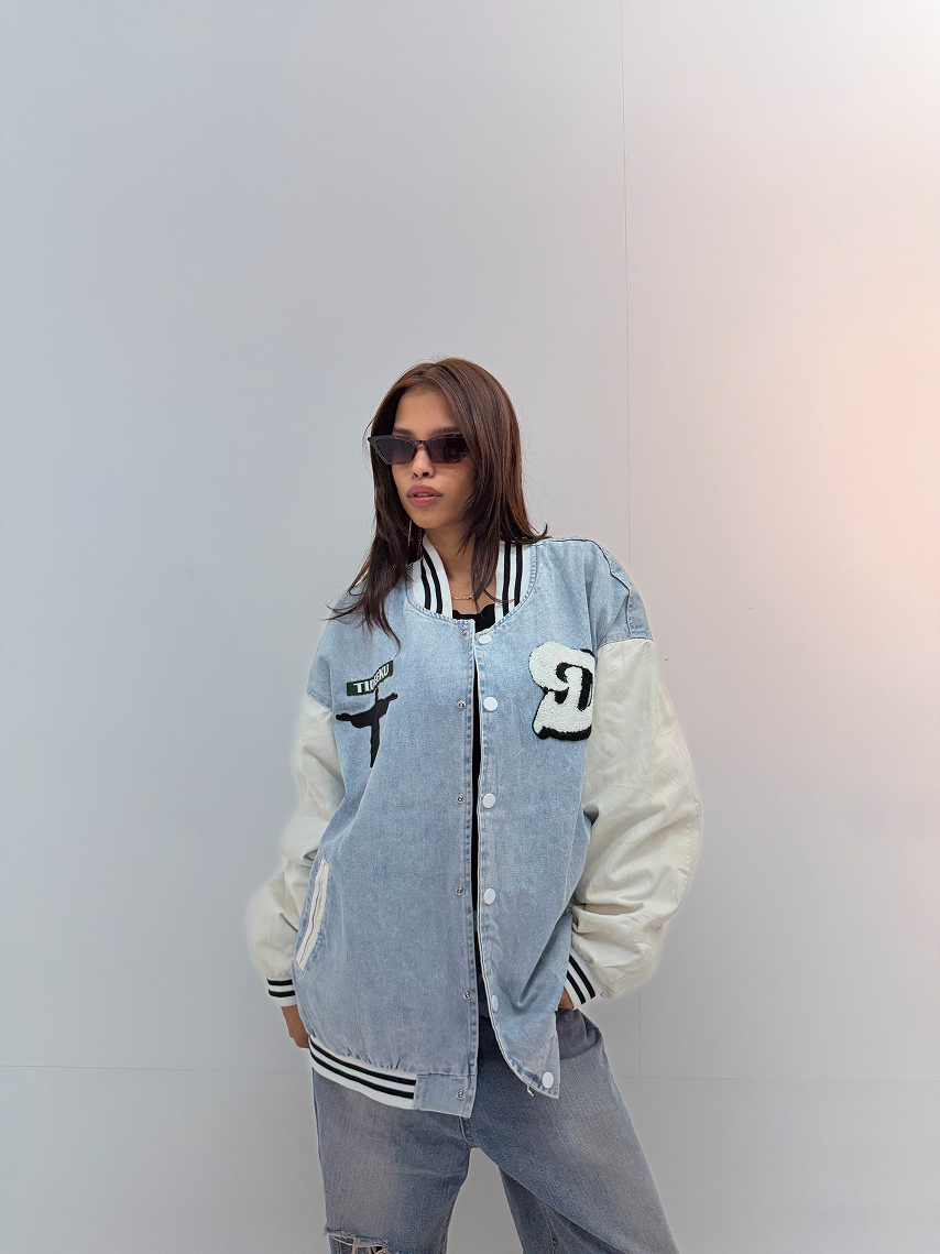Vintage Blue Denim & Cream Graphic Unisex Bomber Jacket