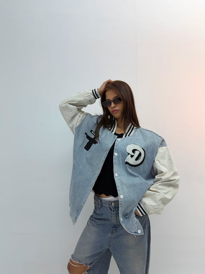 Vintage Blue Denim & Cream Graphic Unisex Bomber Jacket